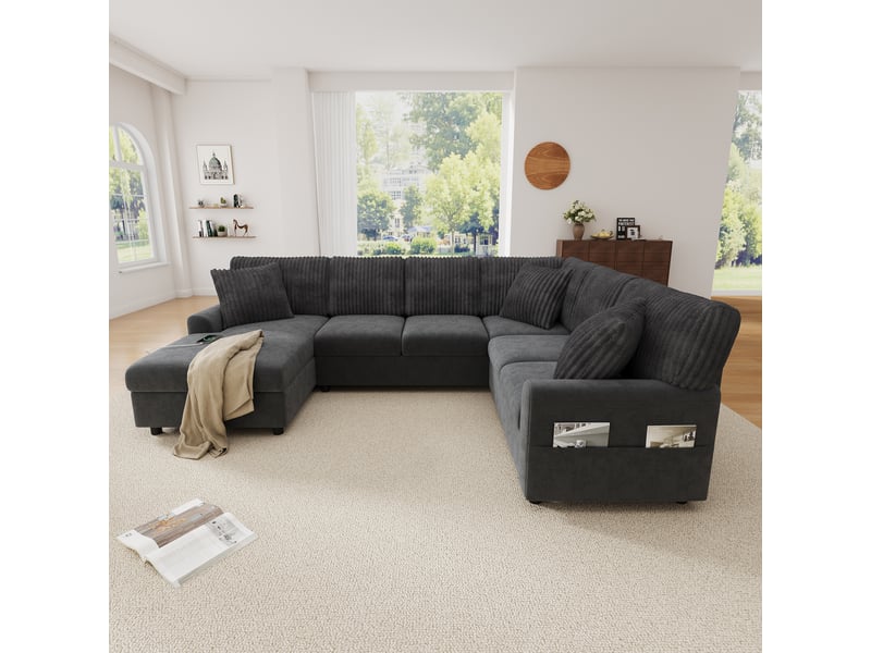  Canapé panoramique 6 places 249x196x83 cm en u avec chaise longue, accoudoirs à poches, usb type-c et 3 coussins, chenille et velours côtelé, noir  - Conforama D