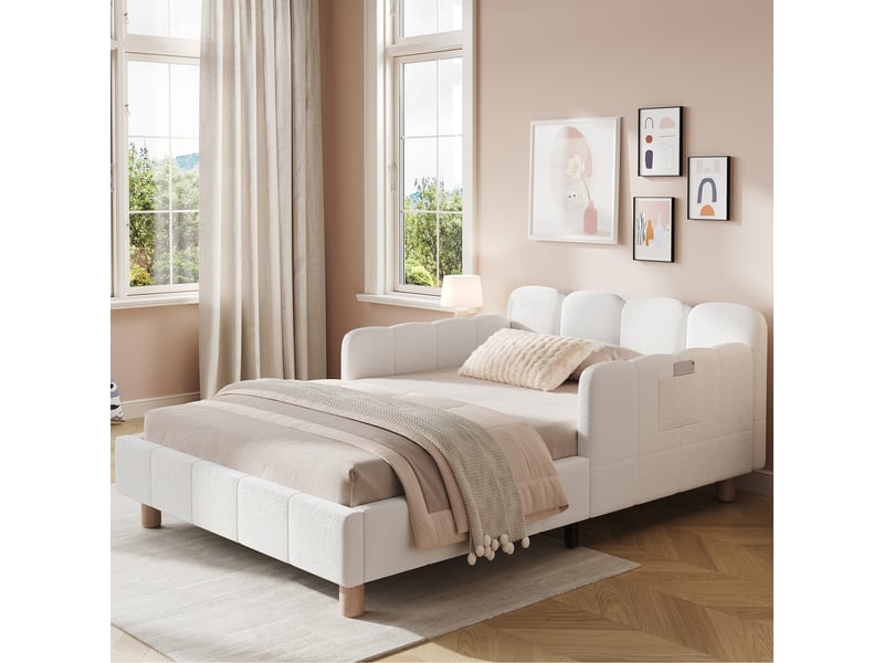  Lit banquette enfant 90 × 200 cm, accoudoirs modulables, poches latérales, capitonné, pieds en bois massif, bouclé beige  - Conforama D