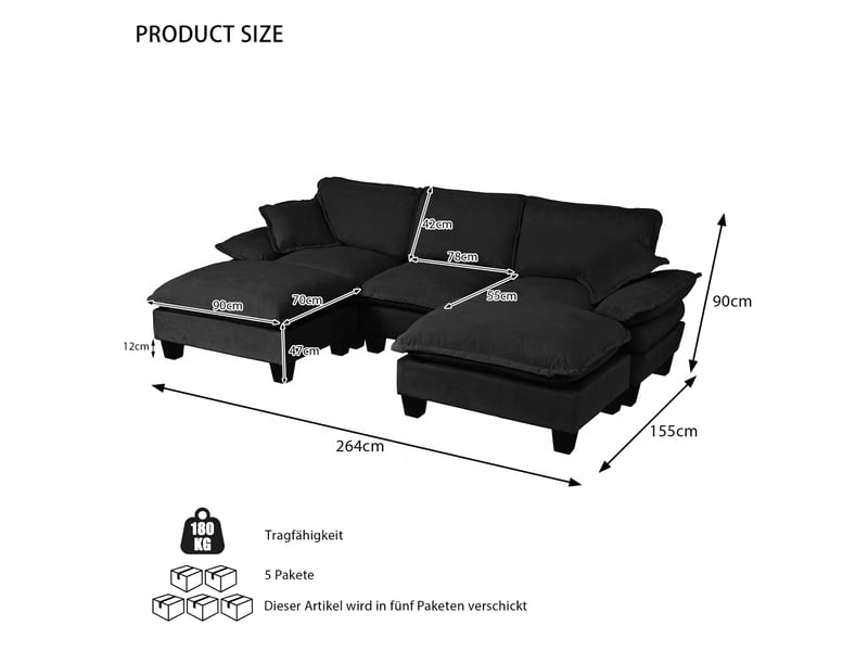 Canapé d'angle, canapé modulable, en chenille, noir, mobilier pour espace de vie, pour salon et séjour - Conforama R