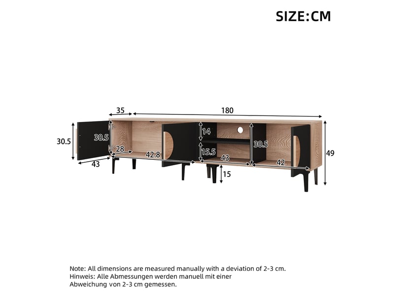  Meuble tv noir en bois 180x35x49 cm, 2 portes, étagères ouvertes, salon, compatible tv jusqu'à 80 pouces  - Conforama C