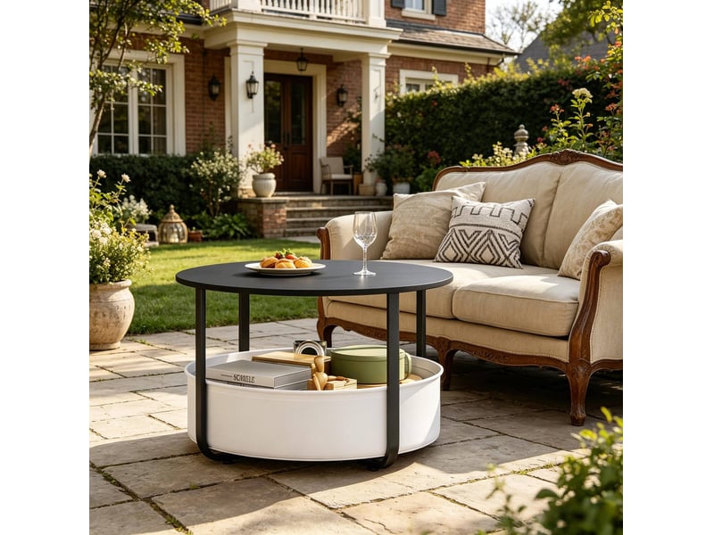  Table basse ronde avec panier en toile, pieds réglables et plateau robuste pour salon, métal noir, ø 80 × 50 cm  - Conforama D