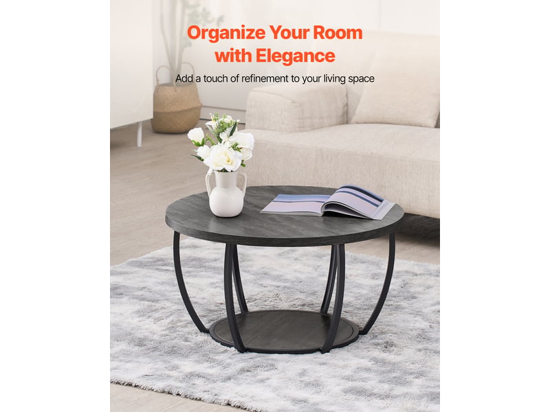  Vevor table basse ronde 2 niveaux, plateau 80,5 cm, rangement ouvert, structure métallique robuste, finition gris, style industriel moderne ZH632 - Conforama B