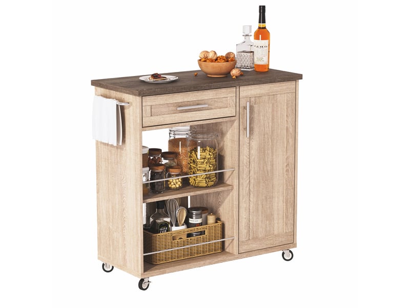  Chariot de cuisine à roulettes îlot de cuisine mobile avec tiroir et étagères 90x62x90 cm chêne sonoma  - Conforama W
