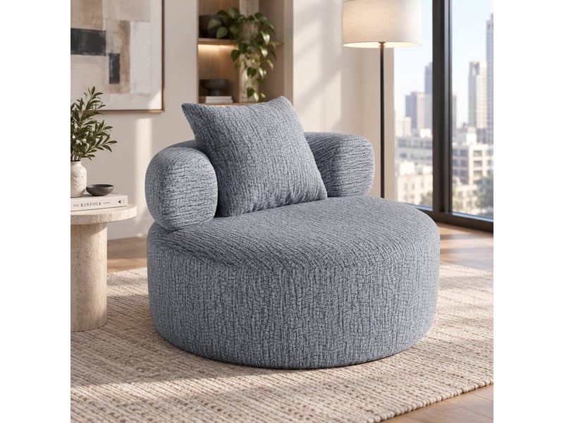  Fauteuil lounge rond 100 cm en chenille, pouf adulte avec coussin, mousse haute densité, siège relax enveloppant pour salon, chambre et bureau - gris  - Conforama B