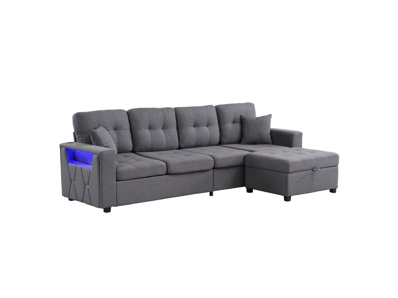Canapé en l modulable,253x144,5x80,7 cm,4 places avec rangement,tissu lin,gris antique - Conforama D