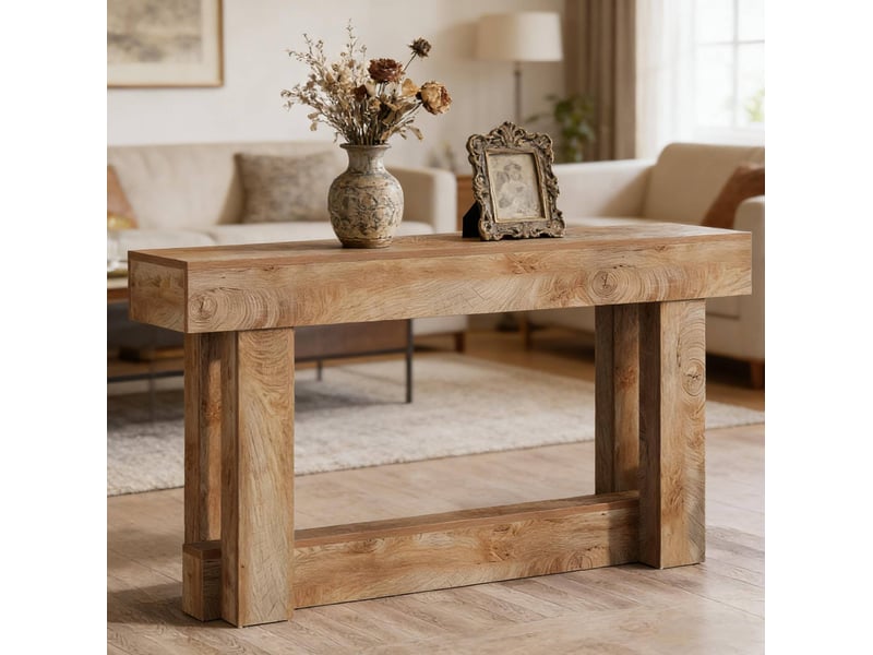  Table console 2 niveaux 160 x 30 x 85 cm marron chêne clair en bois, avec étagère pour l'entrée et derrière le canapé  - Conforama D