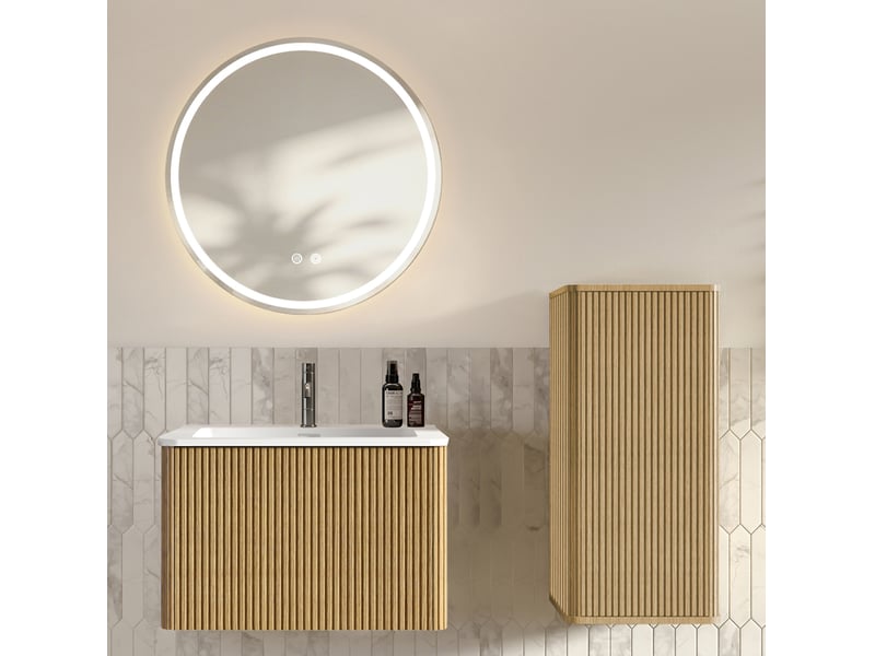  Meuble rangement salle de bain suspendu avec miroir led et lavabo coloris chene homvra  - Conforama A