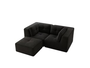 Canapé d'angle modulable 2 places en velours côtelé noir avec repose-pieds mobile - 208 x 177 x 69 cm