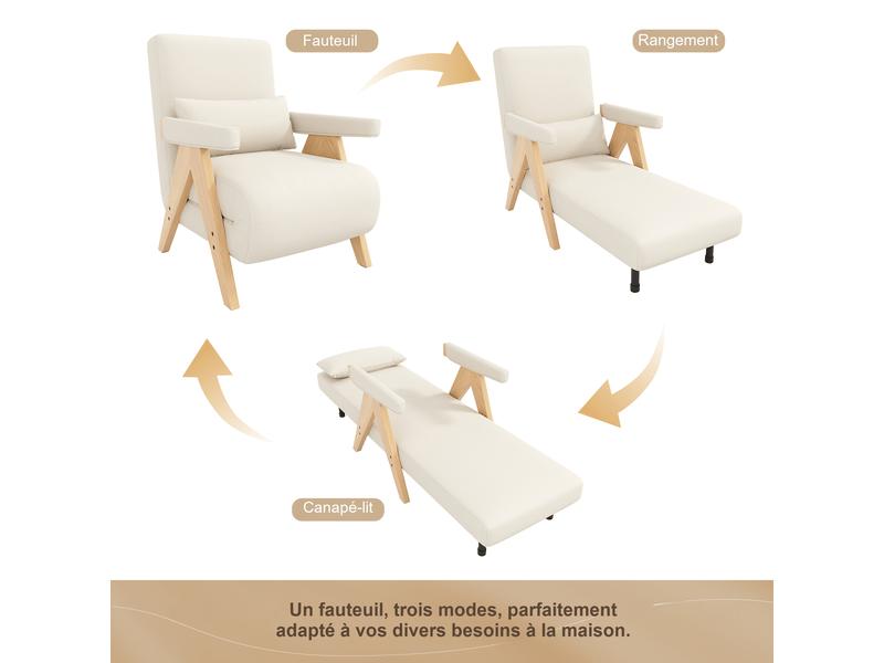 Fauteuil convertible 3-en-1 beige en polyester aspect lin 64x60x87 cm, dossier 6 positions, 1 place, salon chambre bureau N653P242345A - Conforama E