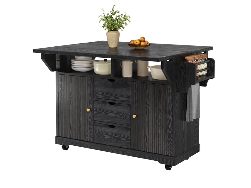  Desserte de cuisine avec 3 tiroirs, extensions rabattables et roulettes freinées en mdf noir, 142,5 × 80 × 95 cm  - Conforama A