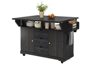 Desserte de cuisine avec 3 tiroirs, extensions rabattables et roulettes freinées en mdf noir, 142,5 × 80 × 95 cm