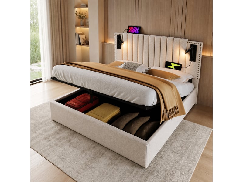  Lit coffre 140 x 200 cm beige en coton avec éclairage de lecture et ports usbusb type-c  - Conforama C