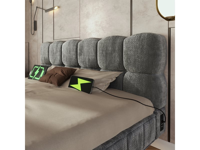 Lit 2 places rembourré 140x190cm en apesanteur, design bulle nuage, lit coffre avec hydraulique, led, usb & type-c, chenille gris - Conforama E