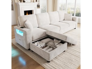 Canapé d’angle xxl modulable 4 places 282x153x82 avec pouf mobile et rangement, éclairage led et ports usbusb-c, configuration en l pour salon moderne-beige