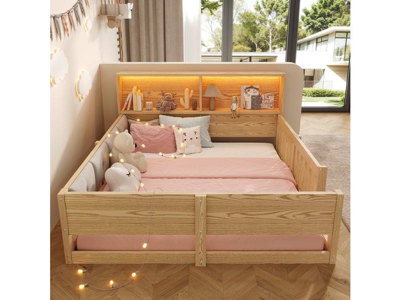  Lit 2 places 140x200 cm avec barrières, rangement et led coloris naturel  - Conforama B