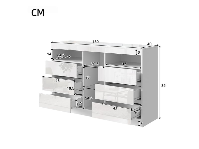  Commode 6 tiroirs, avec tablettes en verre et éclairage led, armoire de rangement laquée brillante, 130 x 40 x 85 cm, coloris blanc  - Conforama C