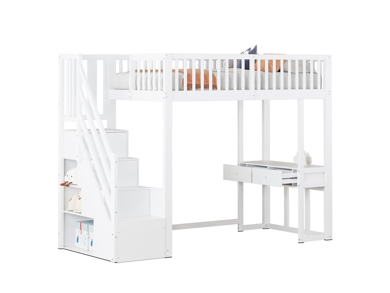  Lit mezzanine enfant 90x200 cm – blanc – escalier de rangement et bureau multifonction – sans matelas  - Conforama A