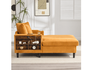 Chaiselongue 129x170x70 cm jaune moutarde en tissu côtelé, 1 place avec rangement, led et port usb