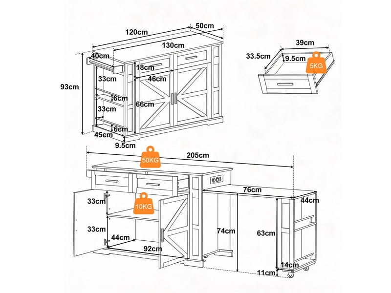 Desserte de cuisine avec plan coulissant, 2 tiroirs, armoire 2 portes et prises intégrées, noir 130 × 50 × 93 cm - Conforama C