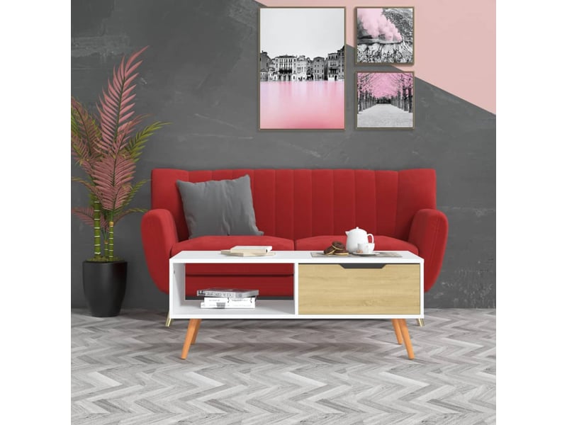  Table basse rectangulaire | table de salon blanc et chêne sonoma 100x49,5x43cm bois ingénierie  - Conforama B
