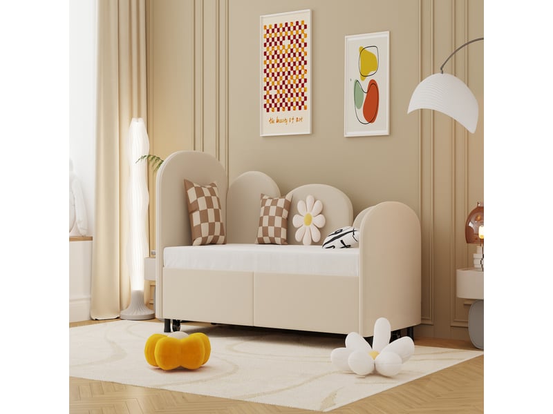  Lit gigogne enfant softsea 90x200 cm en velours beige, 210x99x82,5 cm, style fleur, banquette chambre  - Conforama B