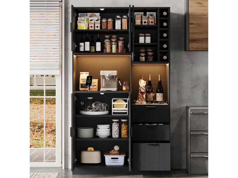  Armoire de cuisine haute noire 180 cm buffet avec éclairage led et prises  - Conforama D