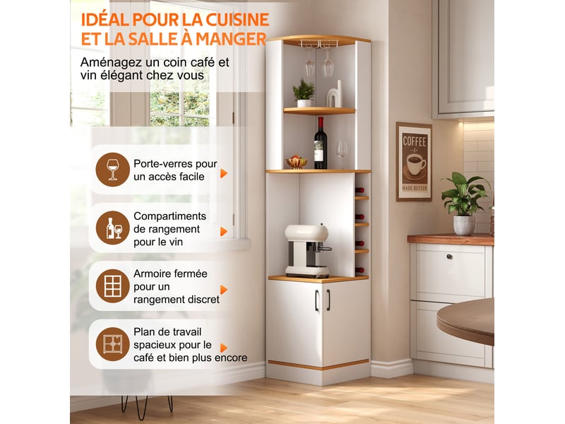  Meuble d'angle avec porte-verres, 4 casiers à bouteilles, étagères et placard, pour cuisine, mdf blanc, 40 × 40 × 182 cm  - Conforama E