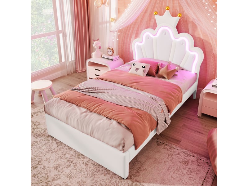 Lit enfant 200×90 cm avec 2 tiroirs et éclairage led, tête de lit réglable, sans matelas, en pu blanc - Conforama C