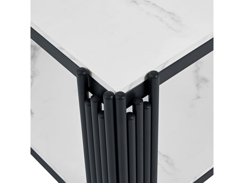  Table basse fixe avec 2 étagères, plateau effet marbre et pieds en métal, pour salon, en mdf et métal, blanc noir - uvrion  - Conforama E