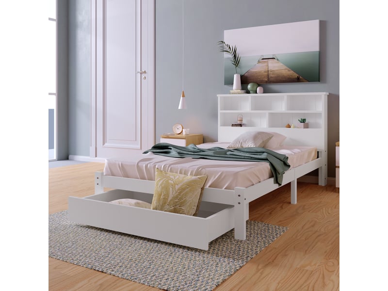 Lit avec rangement 90x200 cm - lit simple avec tête de lit et rangement - mdf - sans matelas - blanc - Conforama E