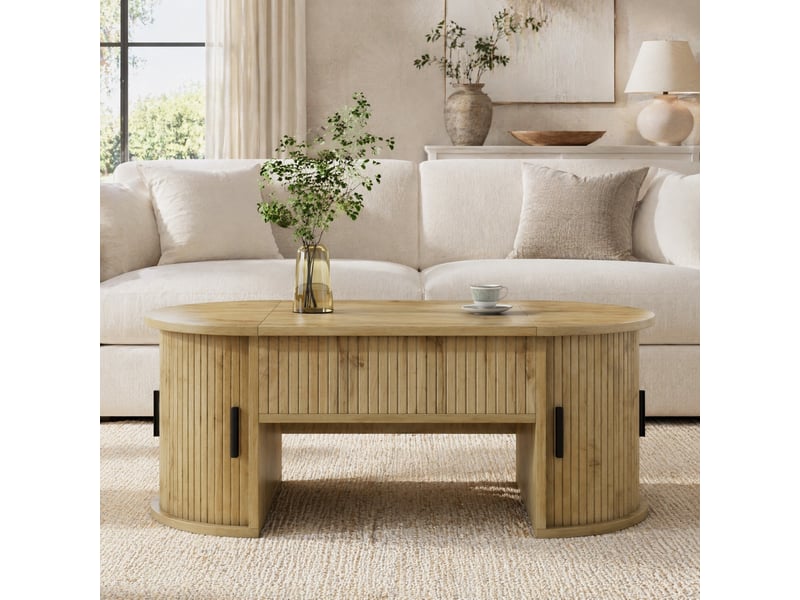  Table basse relevable ovale avec rangement et portes coulissantes - lpospi - étagères ouvertes mdf chêne  - Conforama B