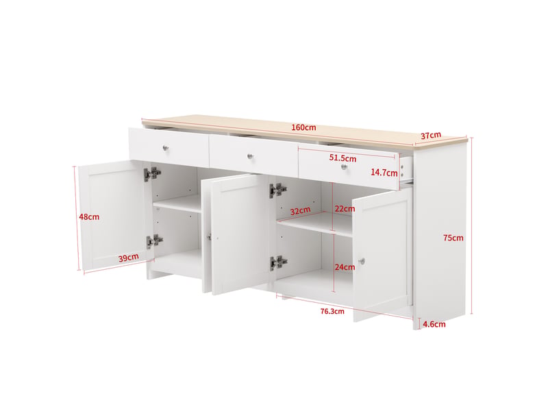 Buffet 160x37x75 cm, 3 tiroirs et 4 portes, rangement réglable, style campagne, pour cuisine, effet bois, mdf blanc - Conforama C
