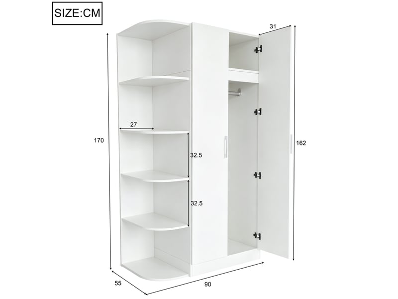  Armoire 90x55x170 cm blanche à 2 portes avec étagères et penderie  - Conforama C