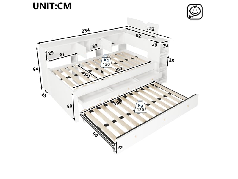 Lit gigogne 90x200 cm avec 3 tiroirs et port usb, en mdf et pin, blanc - Conforama E