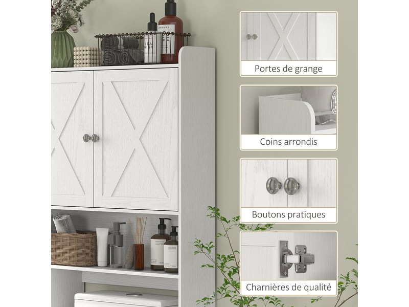  Meuble wc dessus de toilette avec placard à porte de grange, étagère réglable, compartiments et porte-papier, blanc  - Conforama R