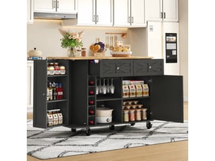 Îlot de cuisine avec plateau rabattable, 5 roulettes, rangements, 120 x 45-70 x 89 cm, noir