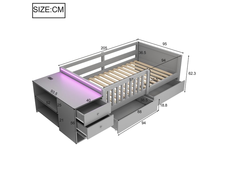  Lit enfant, 90 x 200 cm, avec rangement séparé, prise, led, 2 tiroirs pratiques, matelas non inclus, bois, coloris gris  - Conforama C