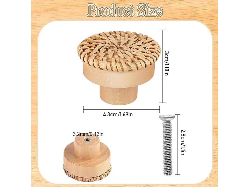  Pack de 6 boutons en bois naturel de 40x30 mm, poignées de décoration bohème pour armoires et tiroirs de cuisine  - Conforama A