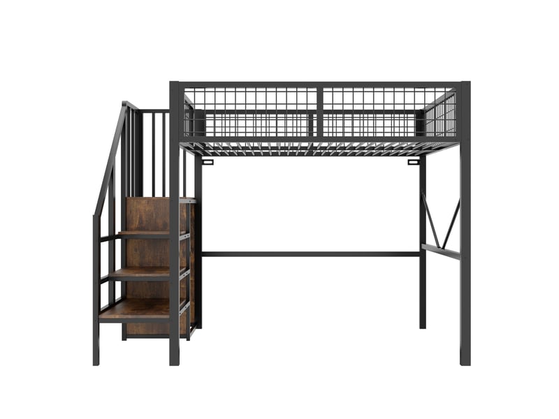 Lit mezzanine en métal 140 x 200 cm - avec échelle - avec éclairage led - avec barrières de sécurité - noir (matelas non inclus) - Conforama W