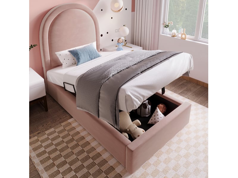  Lit coffre 90x200 cm avec rangement en velours rose  - Conforama D