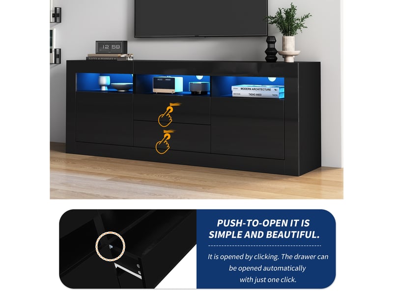  Meuble tv haute brillance 160 x 35 x 60cm avec led,3 compartiments ouverts,2 portes+2 tiroirs,contrôle intelligent de l'app,noir Façade Brillante,avec Lumière - Conforama D