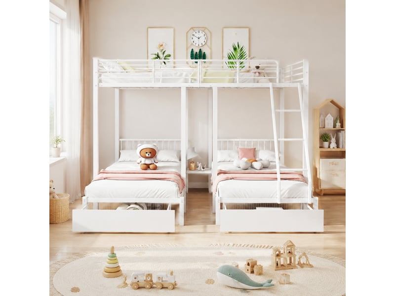 Lit superposé, lit 3 places avec 2 tiroirs et 3 couchages séparables, 200x140 cm et 200x90 cm, sans matelas, blanc - Conforama B
