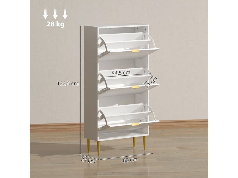 Meuble à chaussures étroit à 3 portes cannelées et étagères réglables pour 18 paires de chaussures, 60 x 24 x 122,5 cm, blanc - Conforama D