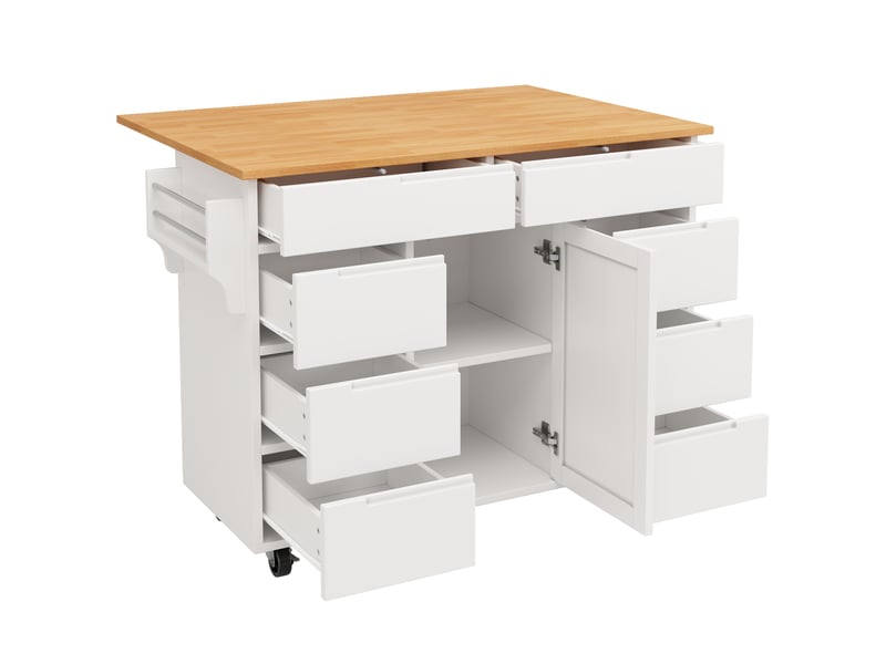  Îlot de cuisine mobile blanc 122 × 46–74,5 × 91,5cm, 8 tiroirs, sur roulettes, porte-épices  - Conforama A