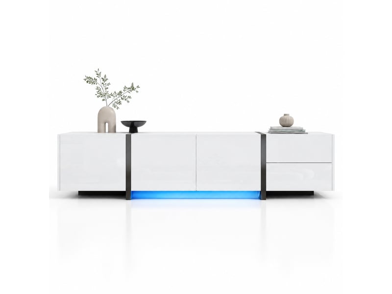  Meuble tv bas 170 x 30 x 39 cm, 3 portes, tiroir, porte rabattable, blanc et noir  - Conforama A