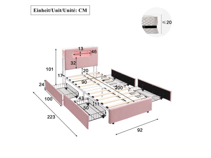 Lit enfant rembourré modenvie 90 x 200 cm avec 4 tiroirs, rangement, led contrôlée par application, velours rose - Conforama C