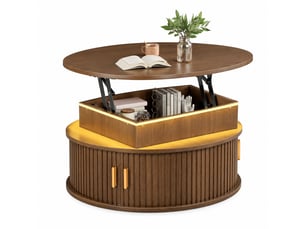 Table basse ronde 75 x 75 x 52 cm en mdf avec rangement, led et hauteur réglable couleur noyer chicfurn