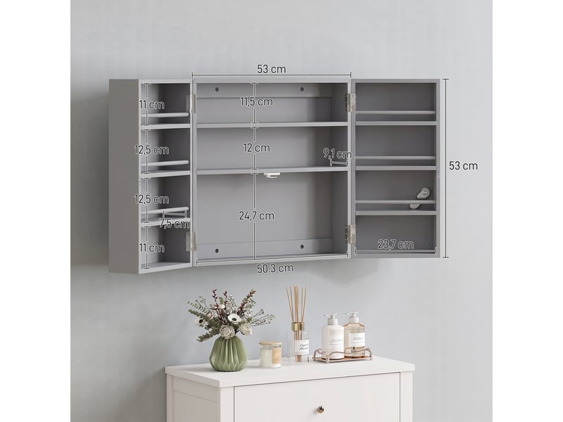  Armoire à pharmacie murale, armoire à médicaments avec double porte verrouillable 2 clés, 53x20x53cm, gris  - Conforama E