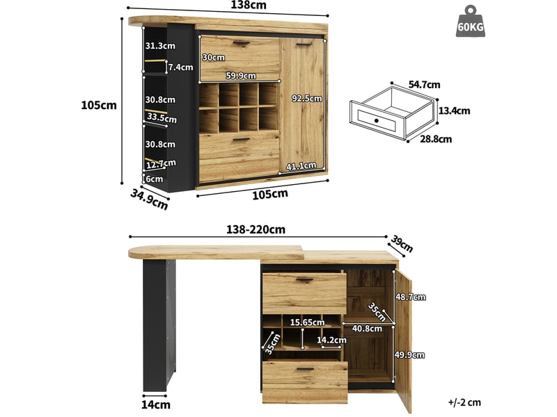  Table de bar extensible 138 à 220 x 39 x 105 cm avec rangements, décor bois  - Conforama C