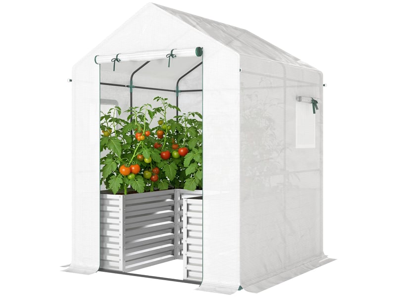  Serre à tomates, serre tunnel avec plate-bande surélevée, porte sectionnelle, fenêtre, toit incliné, 141 x 141 x 190 cm, blanche  - Conforama B